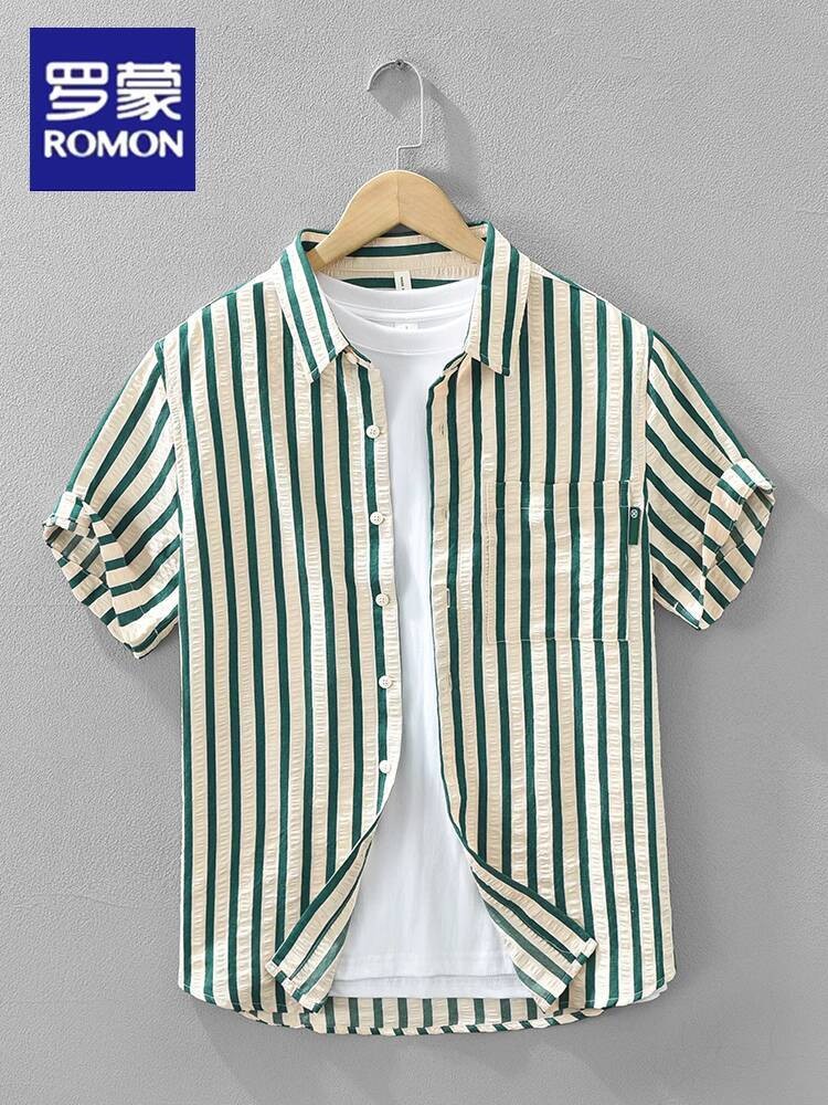 Kemeja Pendek Pria Romon Baru Bergaris Santai Atasan Trendy Musim Panas Lengan Setengah Tipis