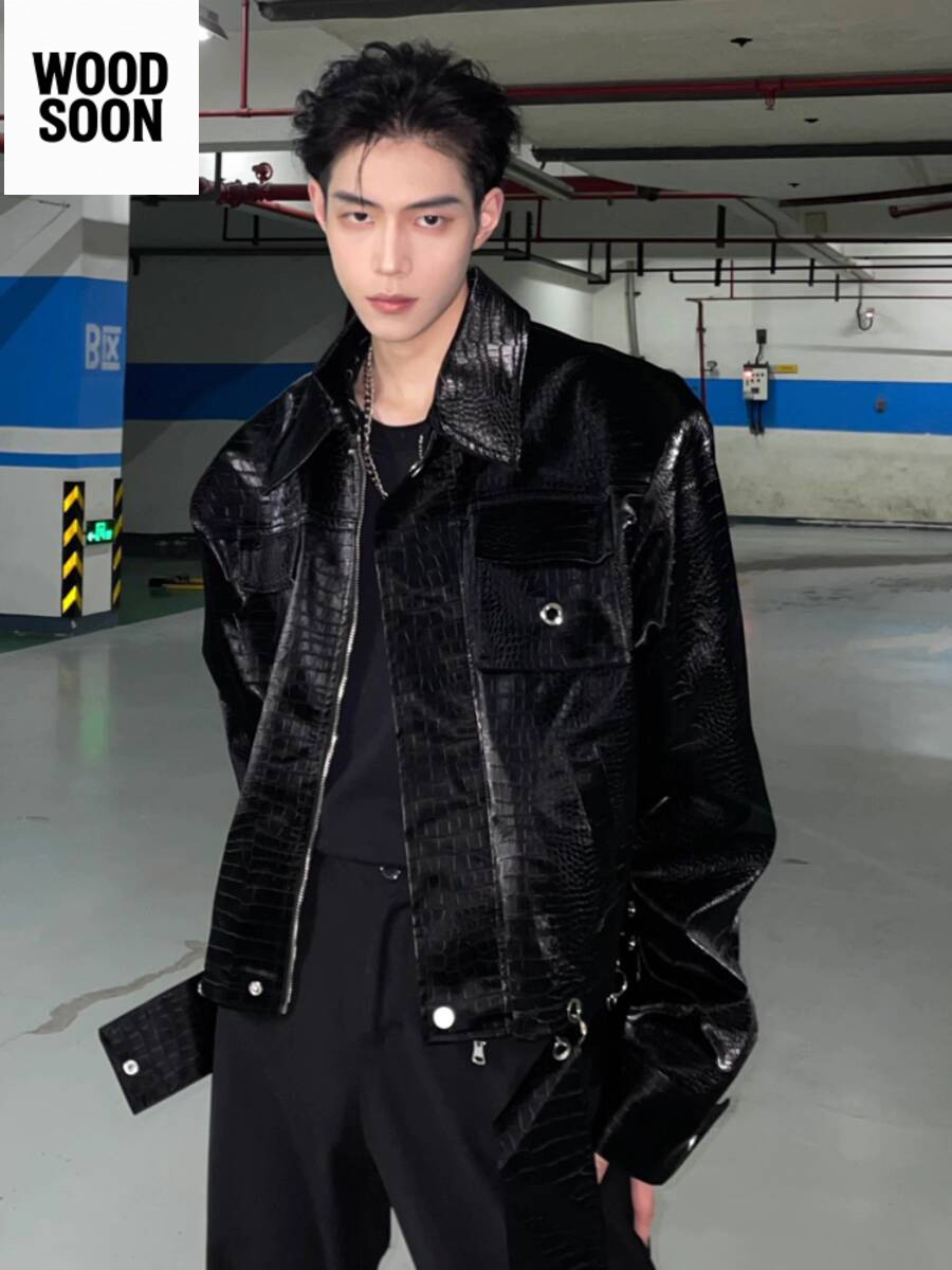 Jaket Pria Musim Gugur Versatile Kasual PU Kulit Pendek dengan Pola Buaya INS Merek Trendy High Stre