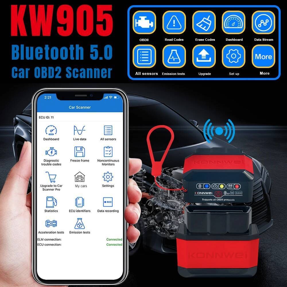 KW905 KONNWEI ELM327 V1.5 Pemindai OBD2 Bluetooth 5.0 Untuk Android/IOS ELM 327 OBD 2 Diagnostik Mob
