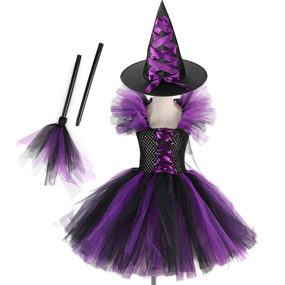 Cosplay Anak  Kostum gadis Halloween, fluffy gadis, rok pertunjukan kosplay set, topi penyihir, sapu