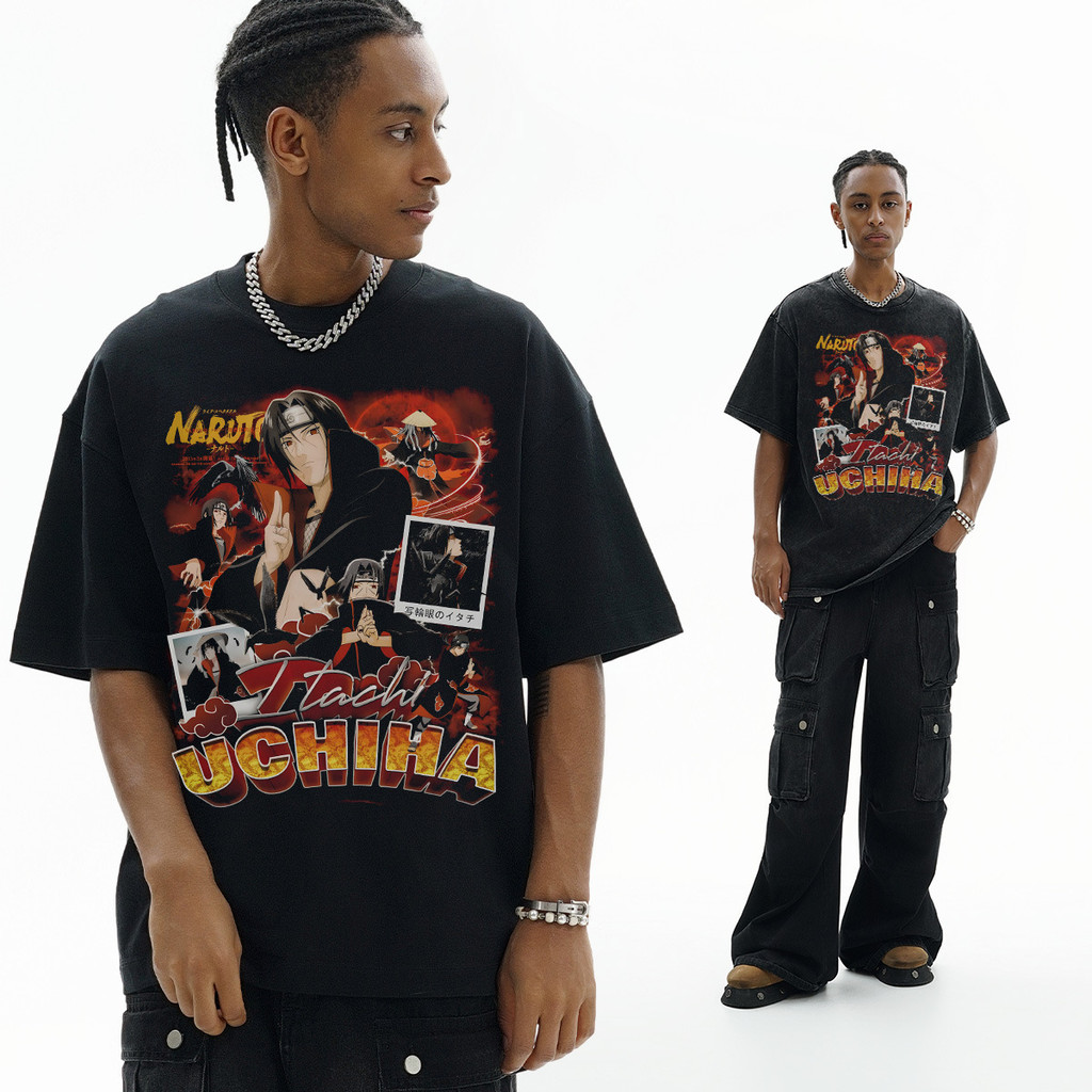 Naruto anime sprei langsung vintage mencetak dengan lengan pendek untuk laki-laki perempuan, cuci da