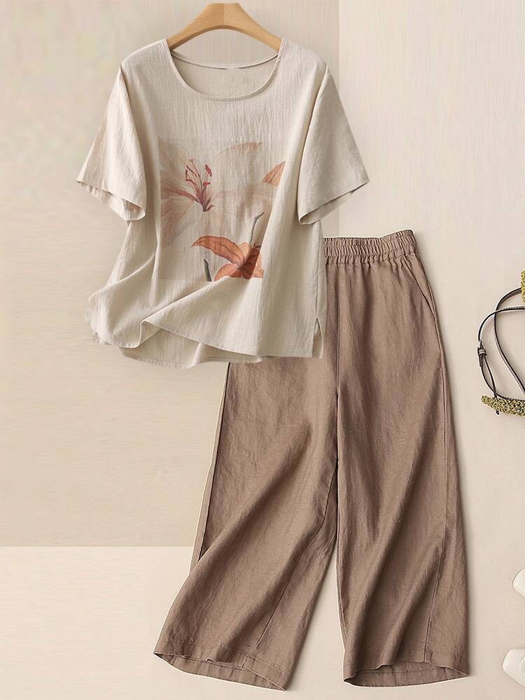 Setelan Musim Panas Wanita Ukuran Besar Ibu Paruh Baya Set Katun Gaya Mewah Lengan Pendek Linen Cela