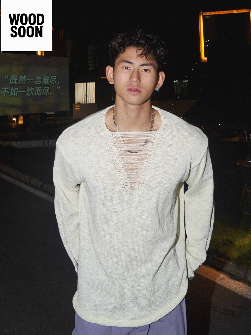 Sweater Pria Lil Monster Deep V-Neck Pullover Semi Musim Gugur Gaya Santai Ins Serbaguna Warna Solid