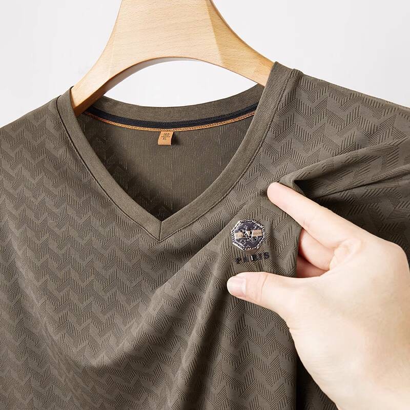 Kaos Lengan Pendek V-Neck Elastis Berkualitas Tinggi Pria, Fit Longgar, Gaya Tipis Musim Panas, Baha