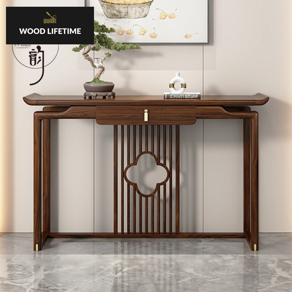 Wujinmu masuk, gaya Cina baru, strip kayu solid, modern, dinding pintu masuk menghadapi meja pandang
