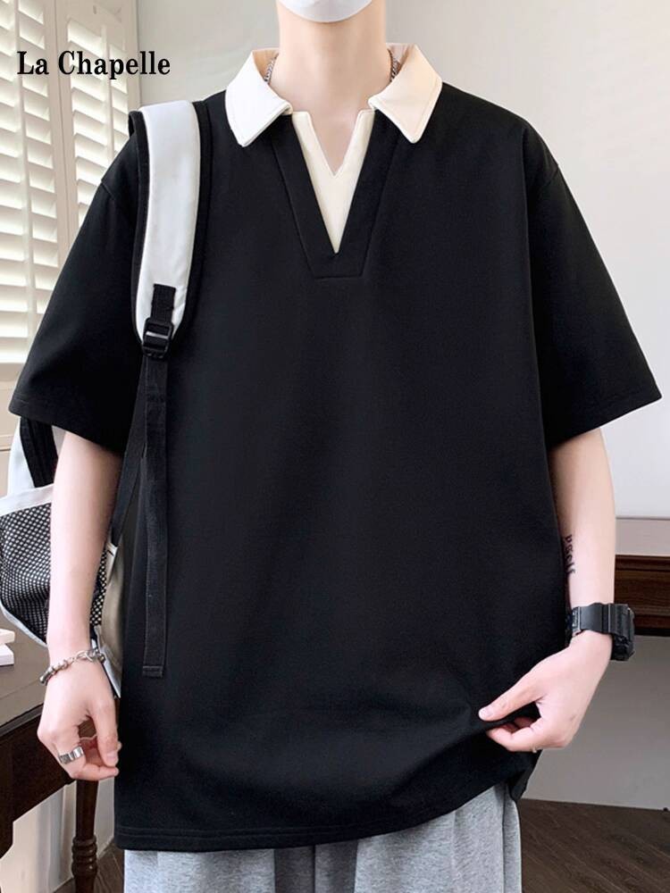 Kaos Lengan Pendek Pemuda La Chapelle Pria V-Neck 2025 Ukuran Besar Musim Panas Santai Trendy Polo T