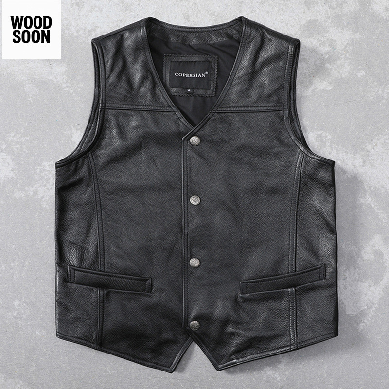 Sapi Asli Lapisan Atas Pria Rompi Murni Slim Fit Pakaian Kerja Tanpa Lengan Jaket Kulit V-neck Penaw