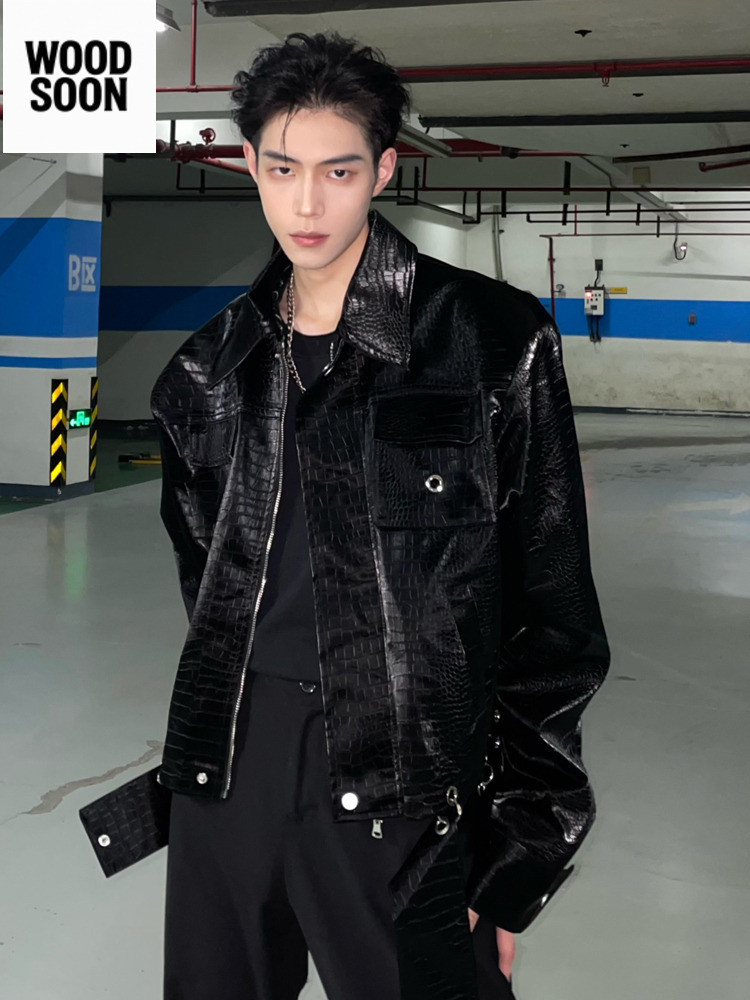 Tren Nasional INS Merek High Street Pria Pola Buaya Bahu Berlapis Musim Semi Jaket Pendek PU Kulit K