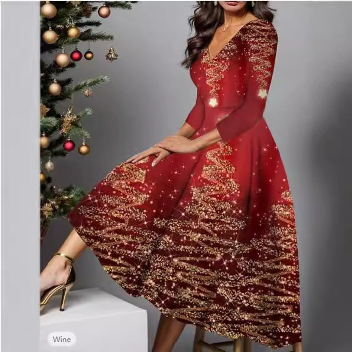 Baju Edisi Natal  Gaun lengan panjang baru V-leher ditambah ukuran elemen Natal wanita cetakan  Impo