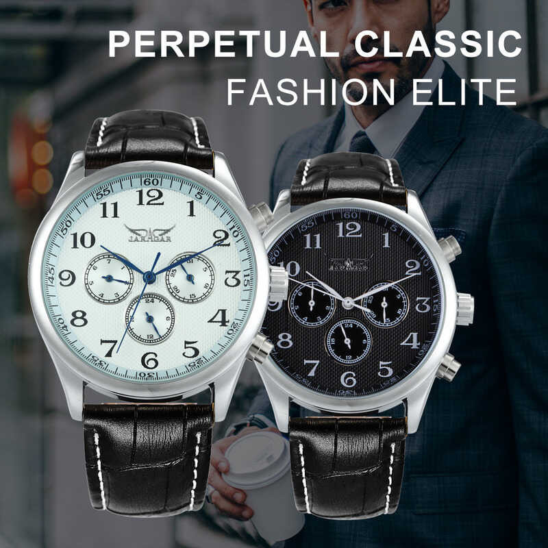 Automatic Mechanical JARAGAR 3 Working Sub-dial Arabic Number Multifunction Watch Fashion Men D