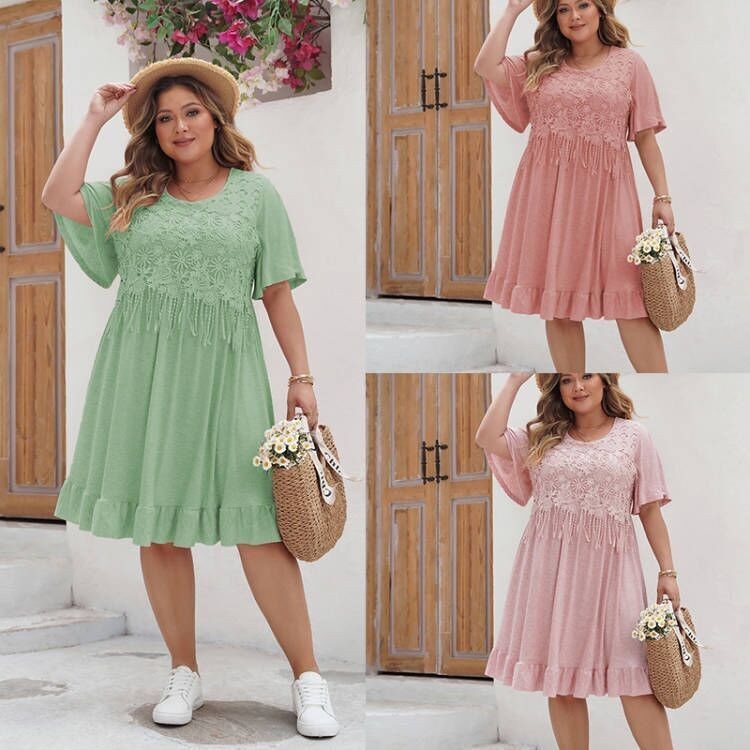 Bohemian Fashion 2024 Plus Size Tassel Design Round Neck Dress