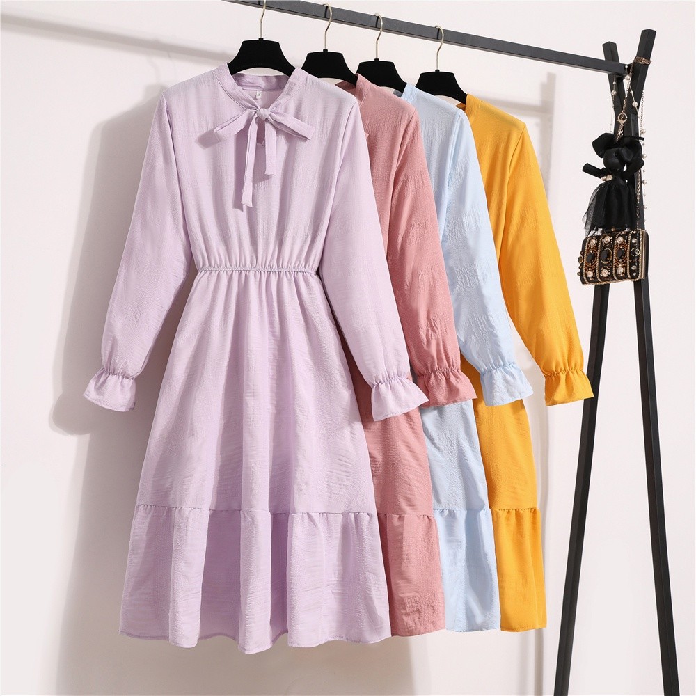 Warna Solid Biru Ungu Merah Muda Kuning Wanita Midi Dress Korea Lengan Panjang Muslimah Motif Bunga