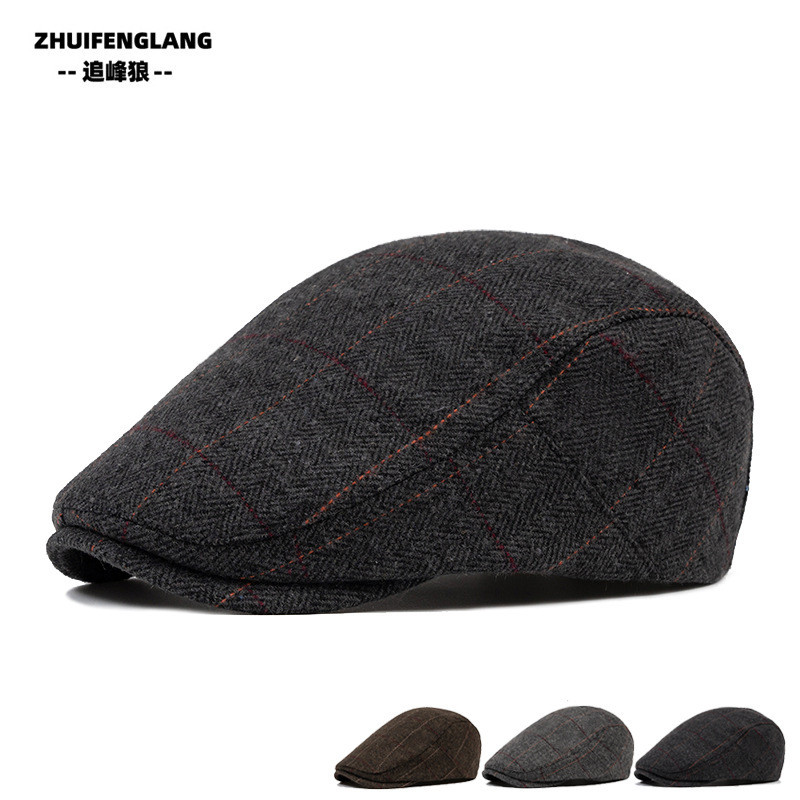 Topi Tweed untuk Pria, Hangat Musim Gugur dan Dingin, Baret Kotak-Kotak Berwarna, Topi Newsboy Gaya 