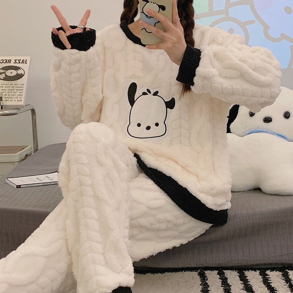 Piyama Flanel untuk Wanita Musim Gugur dan Musim Dingin Piyama Bulu Karang Tebal untuk Wanita Versi 