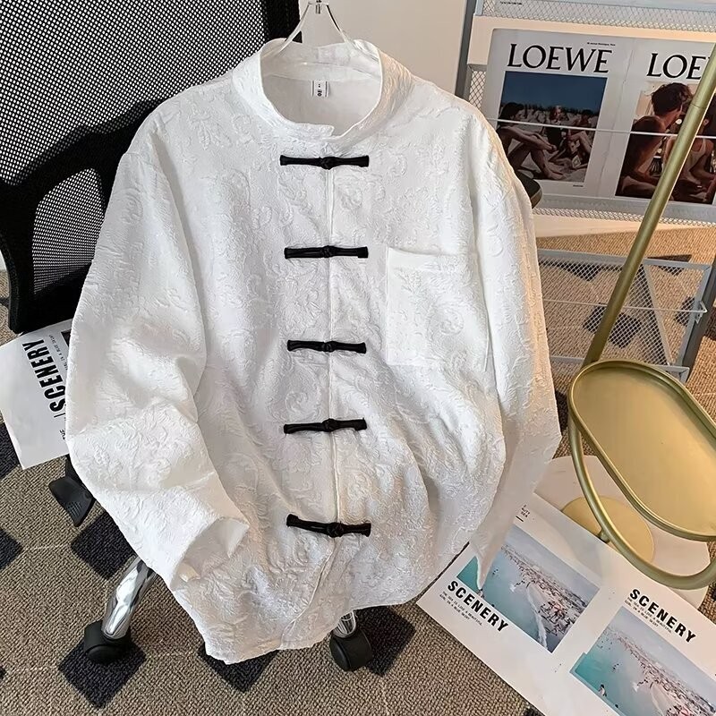 Kemeja Pria  Pakaian baru dengan kaos bunga Cina, Republik Cina musim panas, pakaian pria gaya Zhong