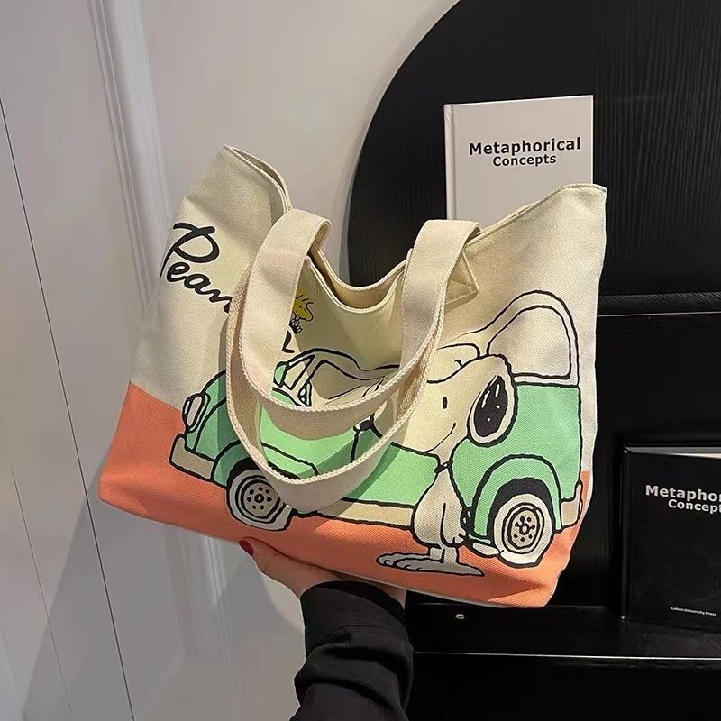 Tas Kanvas Jepang Ins Kapasitas Besar Wanita 2023 Musim Panas Baru Kartun Snoopy Tas Tangan Tas Tot