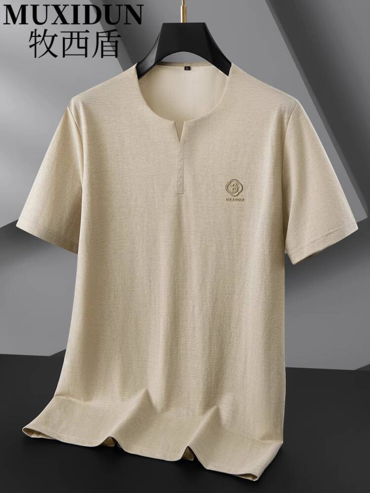 Kaos Pendek V-Neck Kecil Katun Linen Gaya Pria Musim Panas Ukuran Plus Tipis Bernapas Lengan Setenga