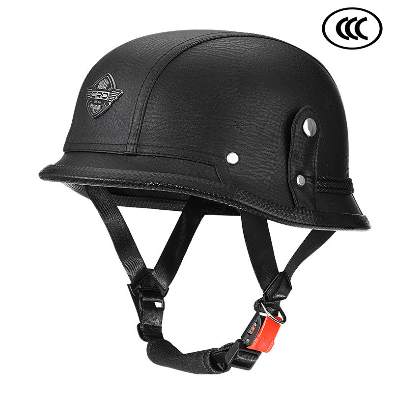 Helm Setengah Gaya Jerman untuk Pria dan Wanita Sepeda Motor Skuter PU Tentara Helm Kulit Import