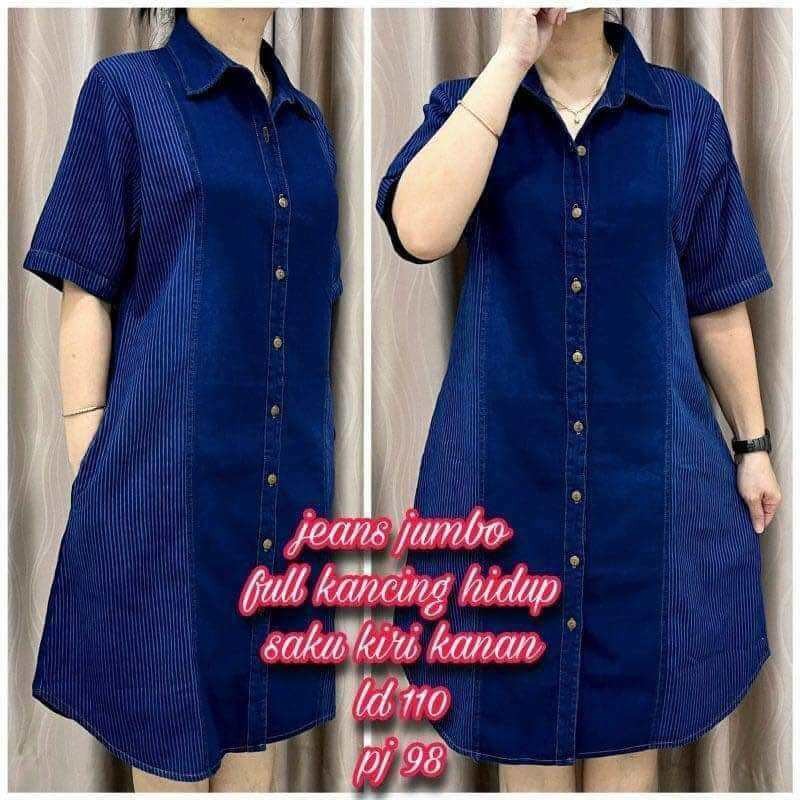 DRESS JEANS JUMBO LENGAN PENDEK MOTIF  BAHAN JEANS PREMIUM (LEMBUT) DIJAMIN BAHAN BAGUS DAN JUMBO (