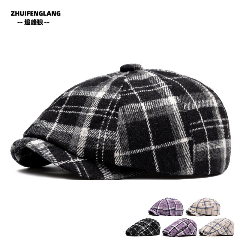 Topi Baret Sutradara Kotak-Kotak Gugur Musim Dingin Pria Hangat Oktagonal Newsboy Inggris Pelukis Ar