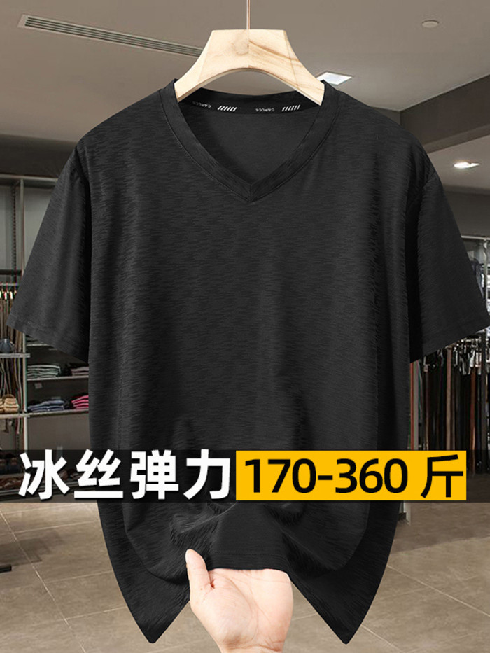 Sutra Es Besar Pria, Pendek V-Neck, Tipis dan Bernapas Musim Panas, Ukuran Ekstra Besar, Kaos Lengan