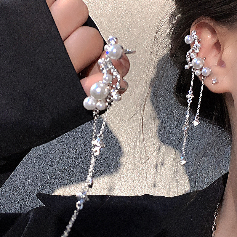 Manset telinga rumbai mutiara, anting tanpa tindik untuk wanita, desain khusus, temperamen kelas ata