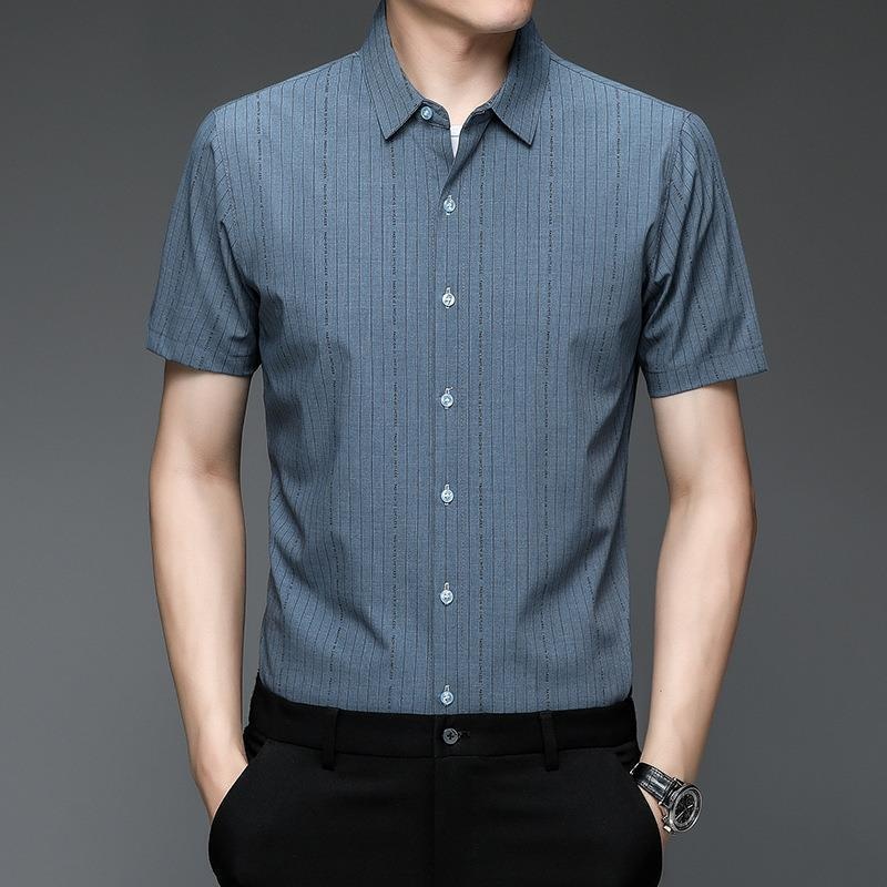Kemeja Kerja Pria  Langsung musim panas serat bambu pendek bisnis biasa vertikal sutra es garis sete
