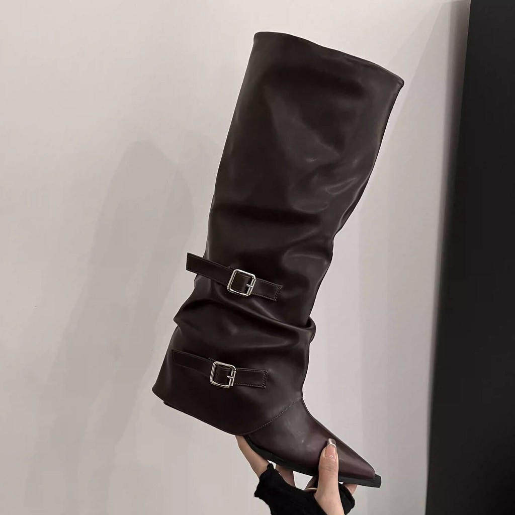 Sepatu Wanita Gesper Sabuk~Sepatu Hak Tebal Panjang Wanita Gadis Panas Tinggi Ujung Runcing Sepatu B