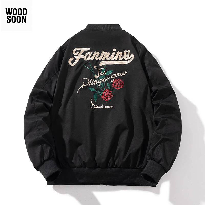 Bordir Mawar untuk Pria Wanita Pasangan Musim Semi dan Gugur Jaket Bomber Tipis Seragam Baseball Ata