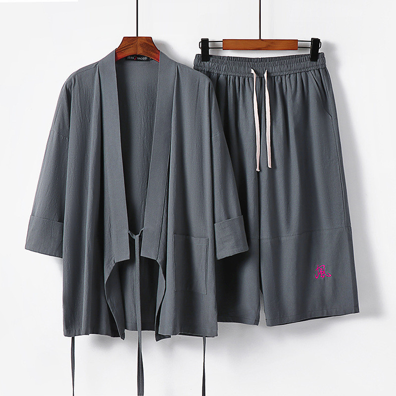 Set linen casual kapas musim panas pria dan baju linen, besar 7/4 lengan, trendy men's sports two-pi