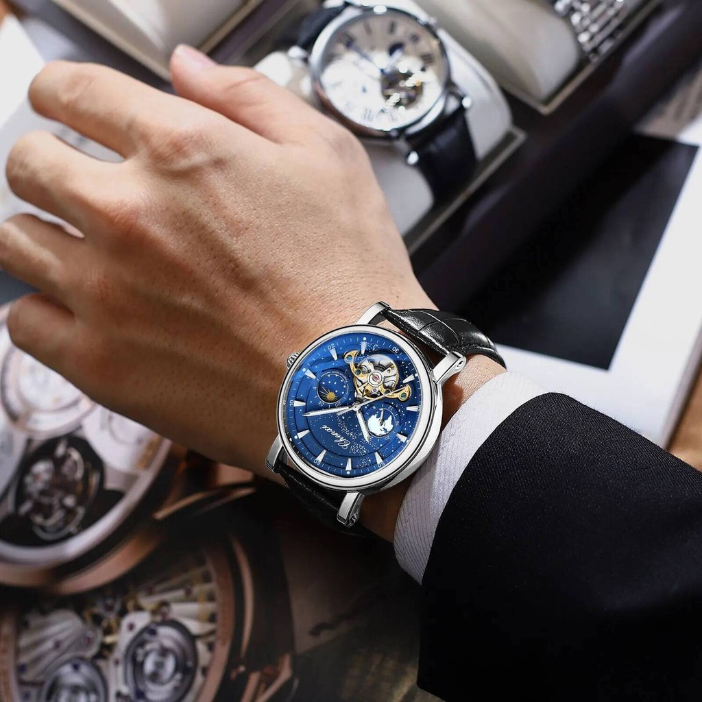 Jam Tangan Mekanik Pria dengan Tali Fashion Kulit, Gerakan Otomatis, Tourbillon, Skeleton, Tahan Air