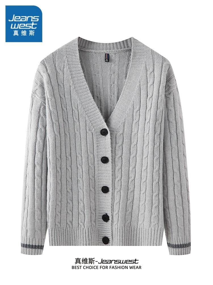 Jeanswest Cardigan V-Neck Pria Semi Musim Gugur Tebal 2025 Jaket Hangat Baru Pakaian Santai Sweater 