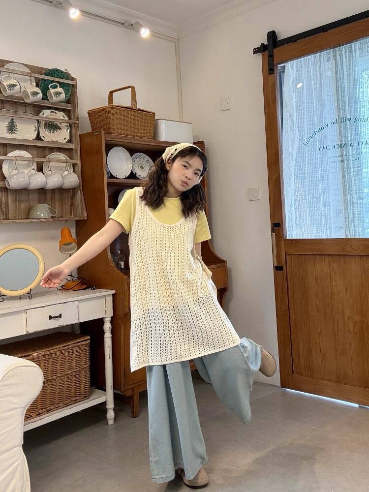 Pakaian Manis untuk Wanita Plus Size Blus Terbelah Berongga Gaun Tank Kuning Kaos Lengan Pendek Set 