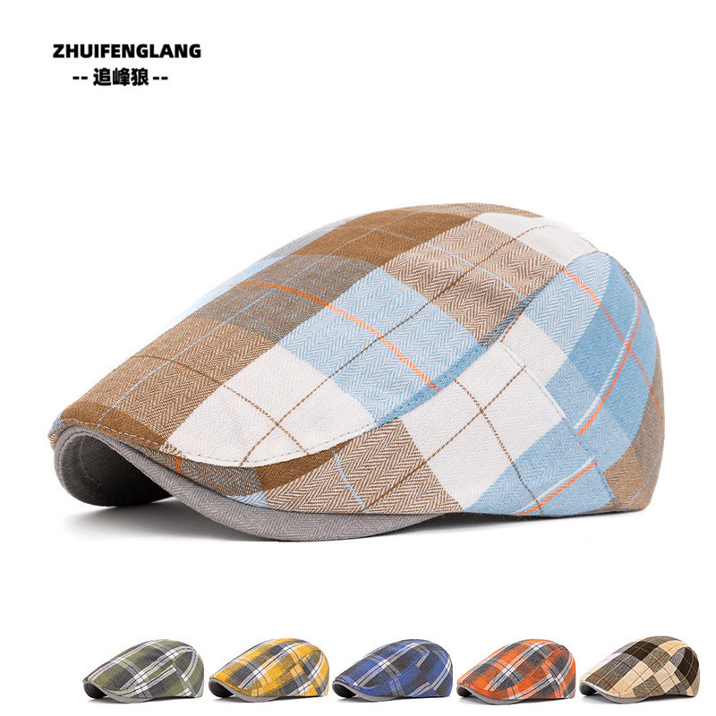 Topi Baret Kotak-Kotak Berwarna Baru untuk Pria, Artistik Tipis Semi dan Musim Gugur Gaya Inggris, T