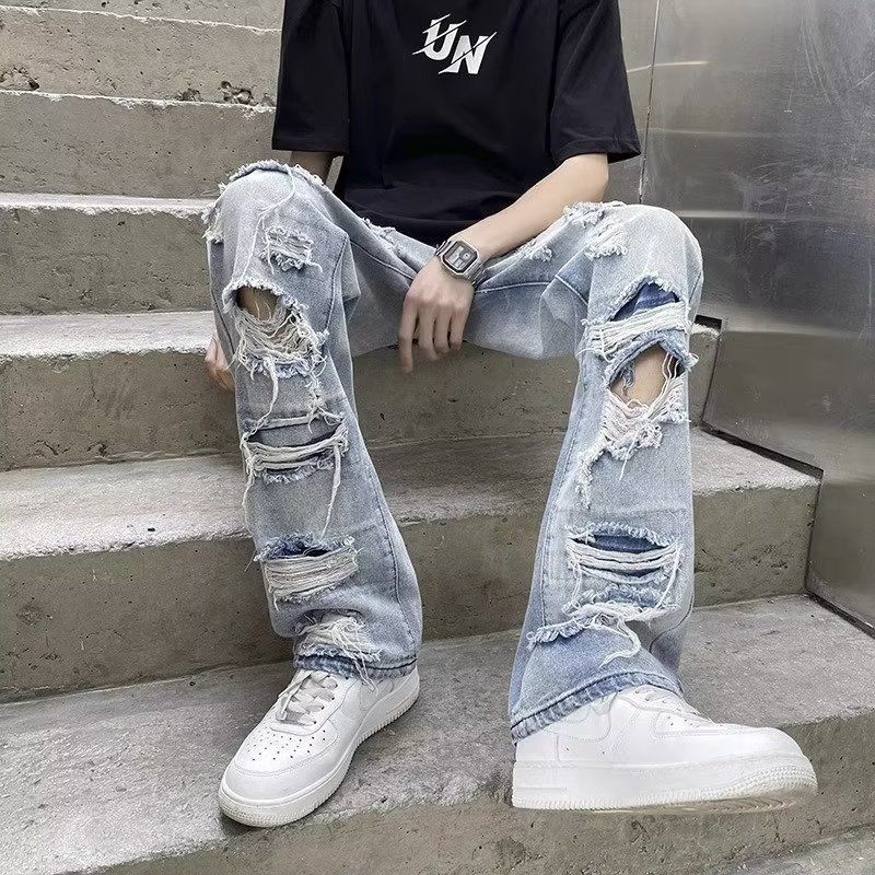 Ripped Jeans Men's Summer Fashion Brand Trendy Loose Straight Beggar Pants American Retro Street Gan