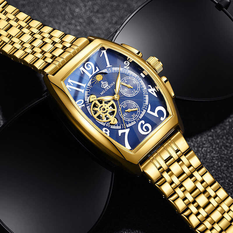 ORKINA Blue Dial New Fashion Manusia Menonton Golden Stainless Steel Waterproof Fase Automatic