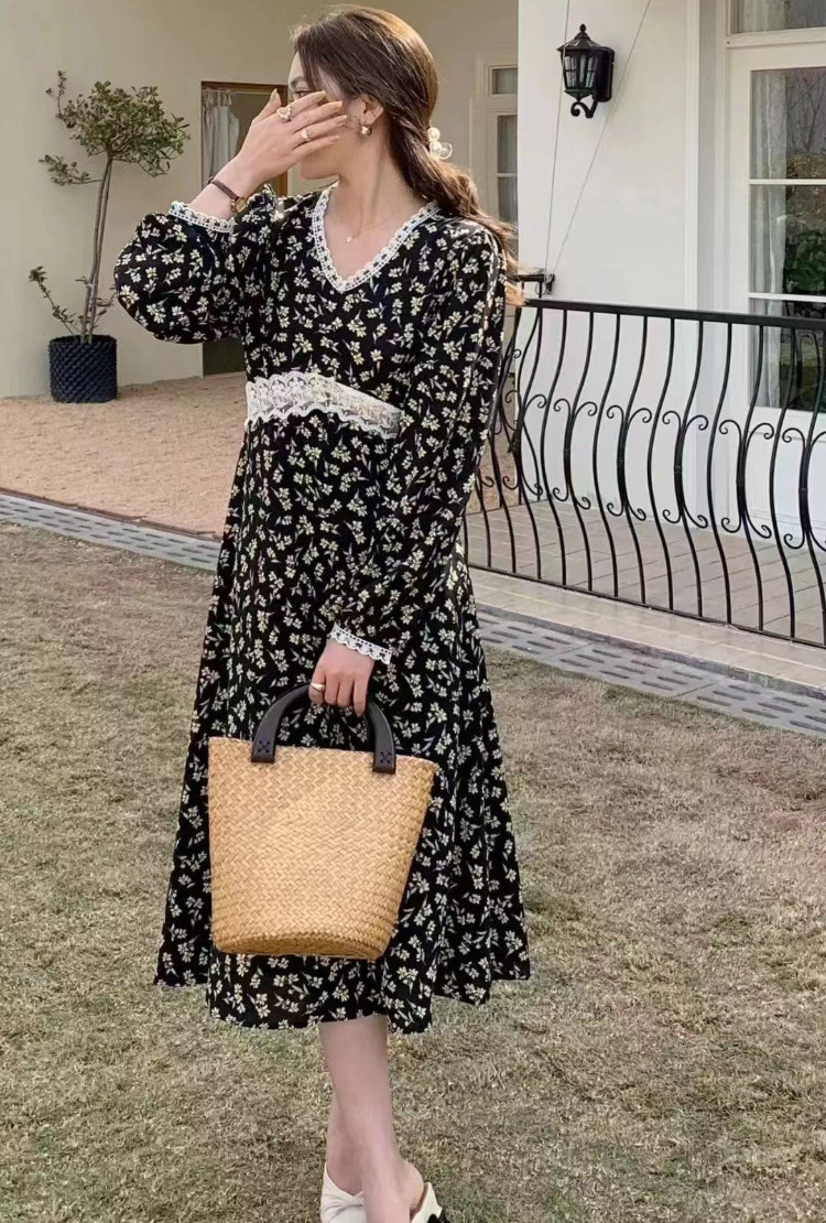 yikoo-Dress midi korea gaun bermotif bunga sifon wanita dres renda tambal sulam D