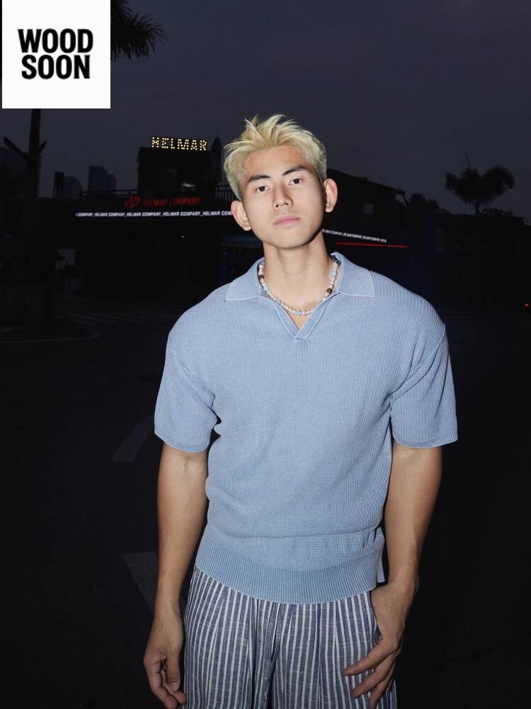 PAPASLILMONSTER Atasan Pria Lengan Pendek Rajut Kerah Turun Vintage Amerika Gaya Uang Lama Berkualit