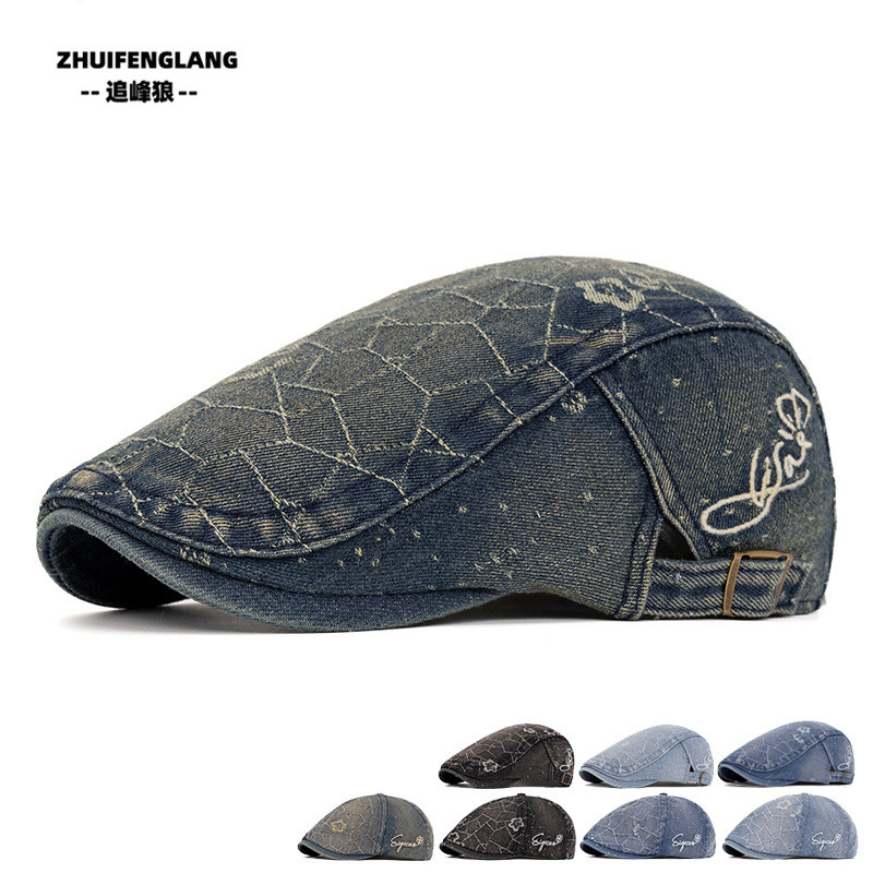 Denim Terbalik untuk Wanita, Topi Baret Sutradara Vintage yang Dicuci, Topi Newsboy Niche, Gaya Ingg