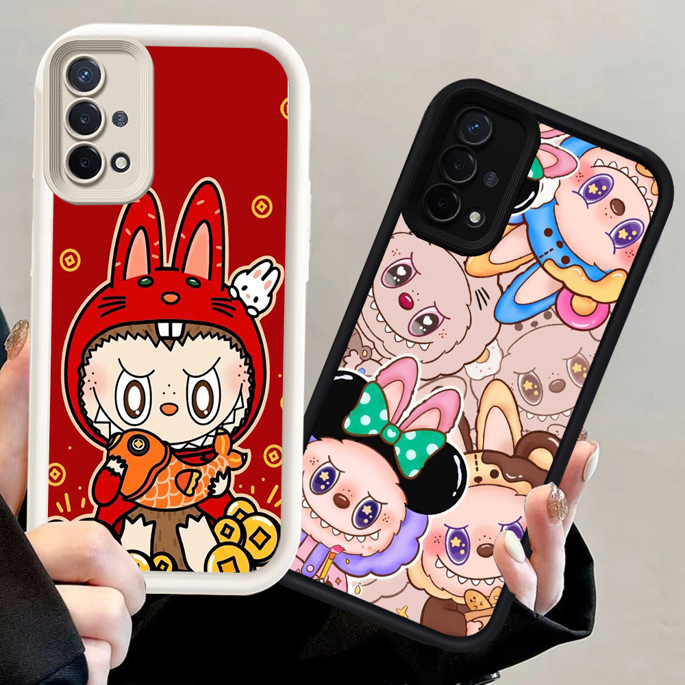 N59 Cute Pink Labubu Silikon hitam putih Casing untuk OPPO F19 A74 A95 A55 F19S Case