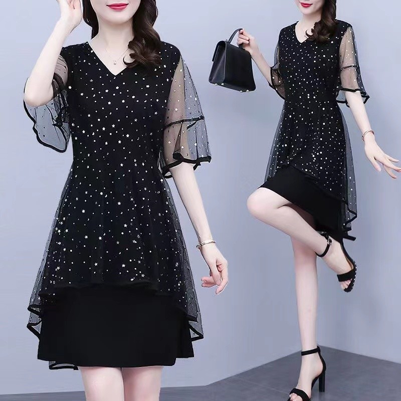 FANMU V-neck gaun hitam elegan terbaru midi dress korea S