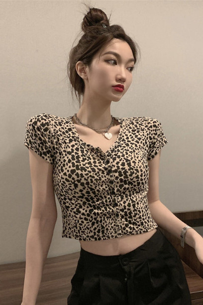 Hyuna Style Chic Leopard Print T-Shirt Lengan Pendek Untuk Wanita Di Musim Panas Desain Baru yang T