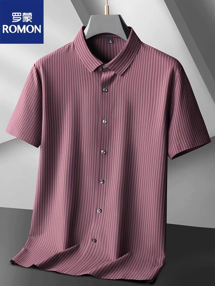 Kemeja Lengan Pendek Bergaris Pria Romon Ukuran Besar Longgar Santai untuk Musim Panas