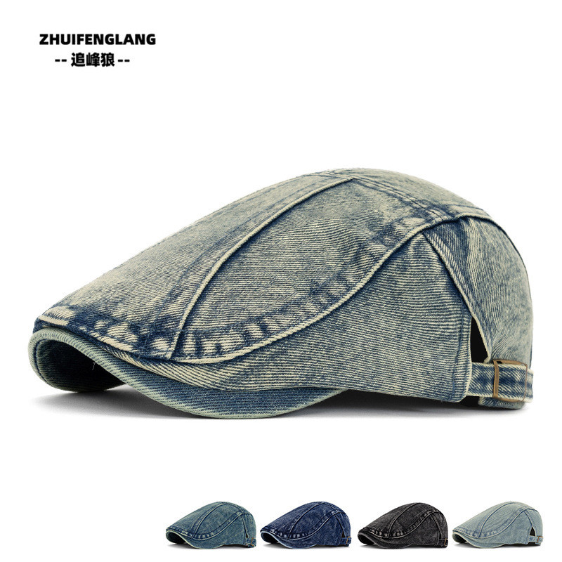 Topi Baret Denim Wanita Gaya Inggris Newsboy Literer Depan Warna Solid Vintage Dicuci Topi Duckbill 