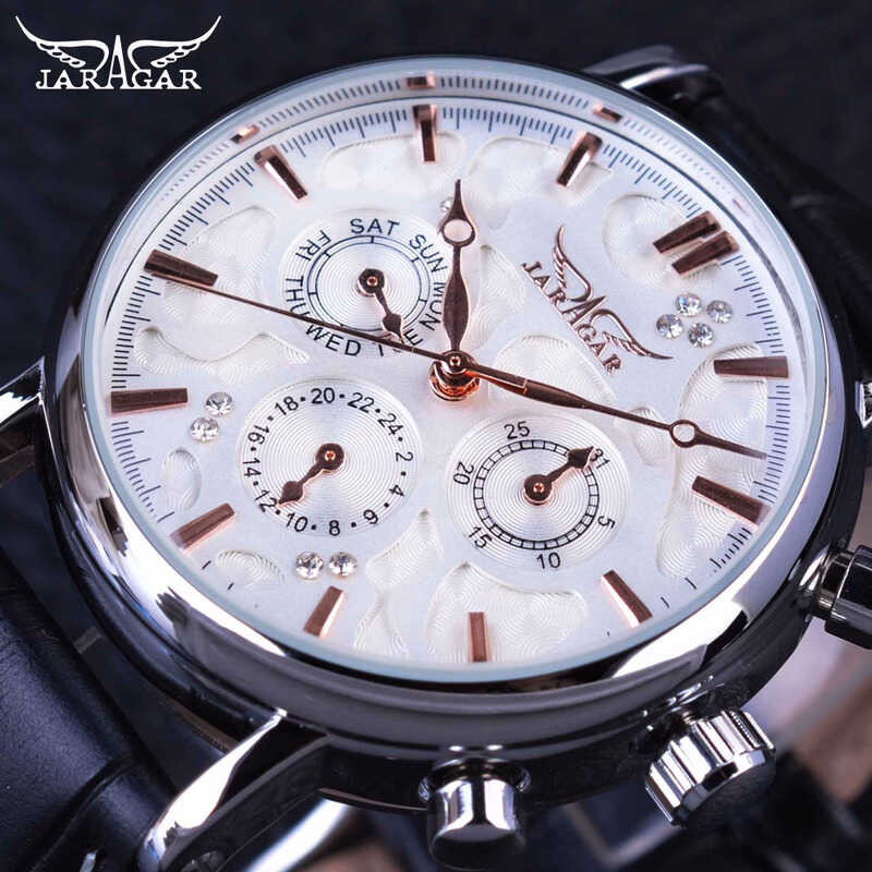 Jaragar 3 Dial Diamond Display Real Leather Strap Ripple Design Men Watches Top Brand Mechanica