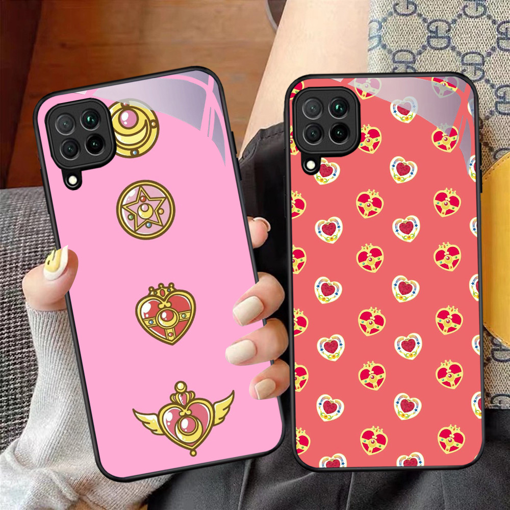 NC-67 Pink Heart Wand Sticker Kaca Glass Case Untuk Samsung A12 M32 M12 A22 5G