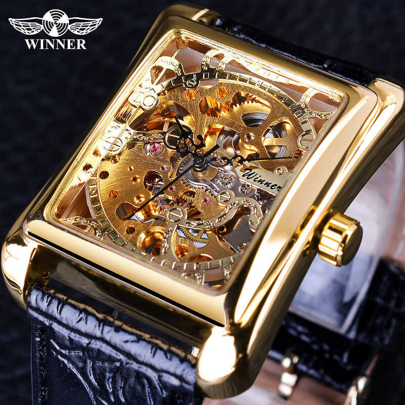 Retro Winner 2017 Casual Series Rectangle Dial Design Golden Pattern Hollow Skeleton Men Watch