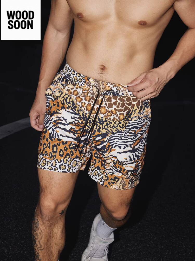 PAPASLILMONSTER  Celana Pendek Olahraga Kasual Cepat Kering Motif Macan Tutul Amerika untuk Pria Tre