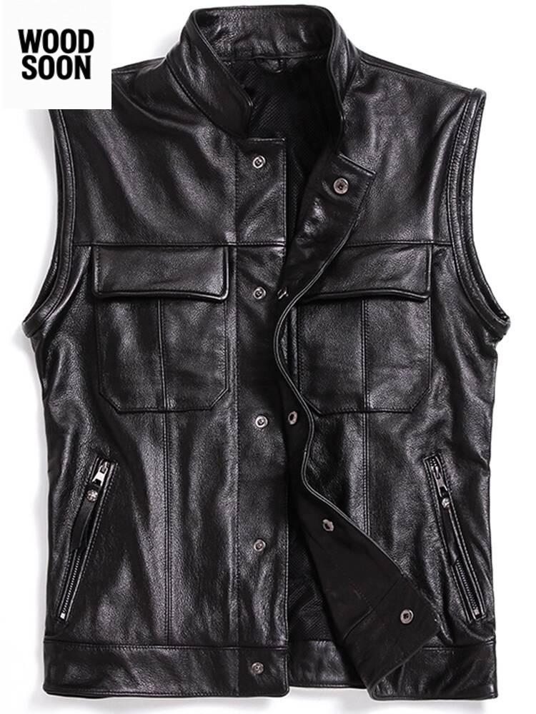Jaket Kulit Sapi Asli Lapisan Atas Pria Slim Fit Kerah Pendek Rompi Pakaian Sepeda Motor Dapat Menyi