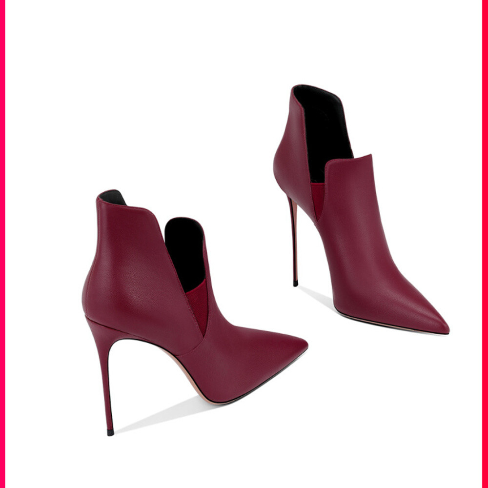 Tempramen kulit asli, anggur merah menunjuk tipis pendek tumit tinggi untuk wanita, gugur 2024 musim